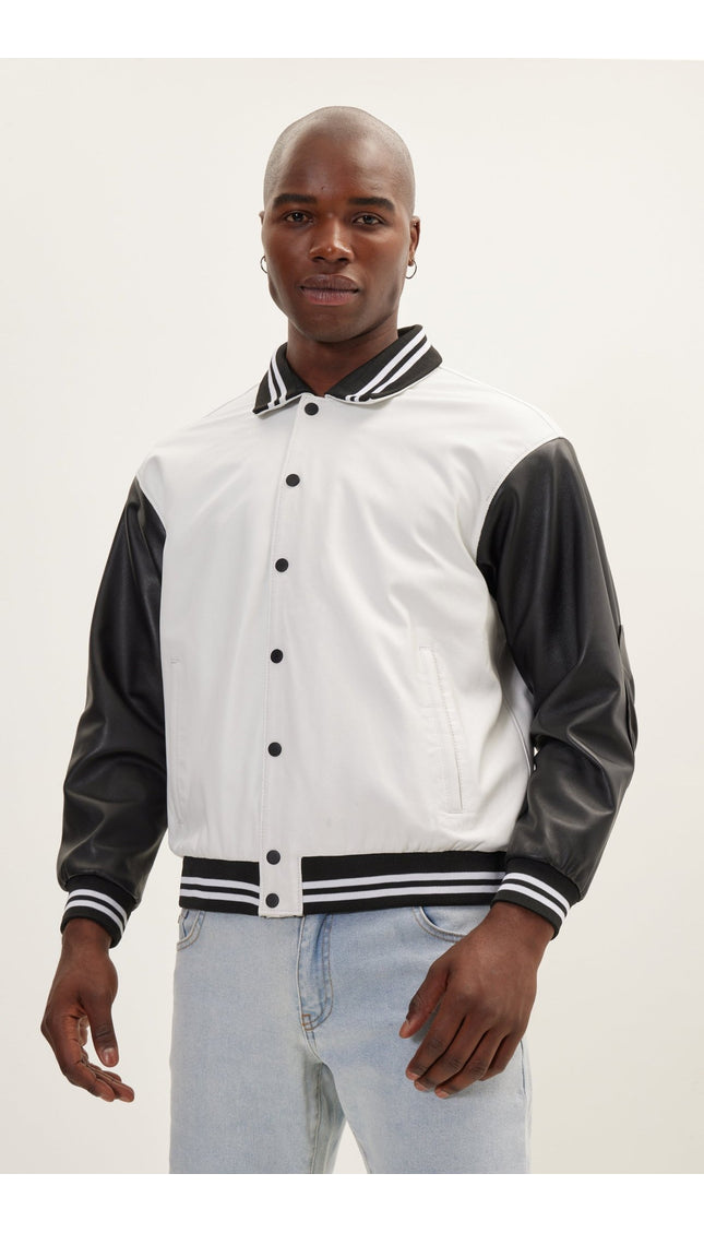 Varsity Leather Jacket With Polo Neck - White Black - Ron Tomson