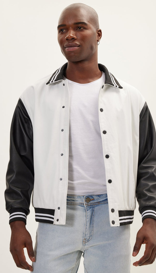 Varsity Leather Jacket With Polo Neck - White Black - Ron Tomson