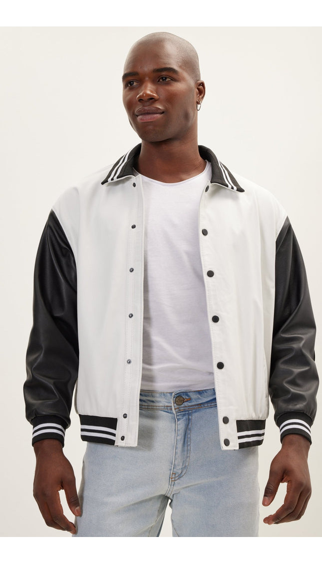 Varsity Leather Jacket With Polo Neck - White Black - Ron Tomson