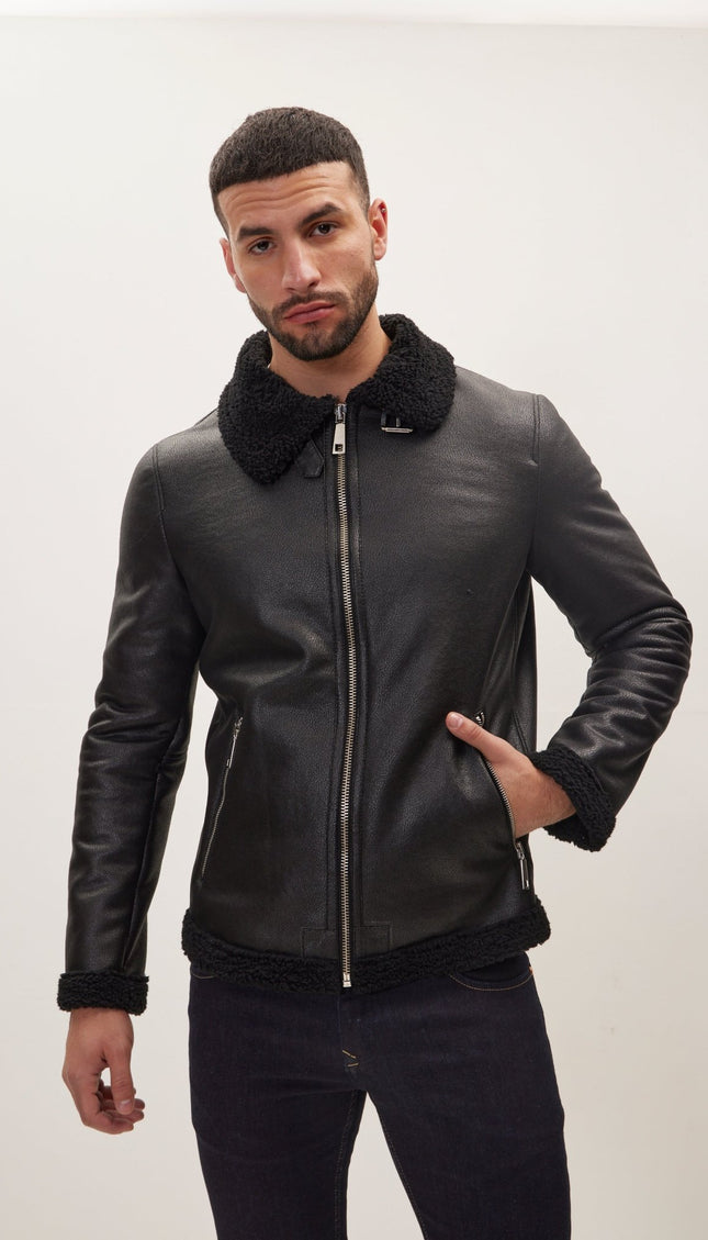 Vegan Shearling Aviator Jacket - Black - Ron Tomson