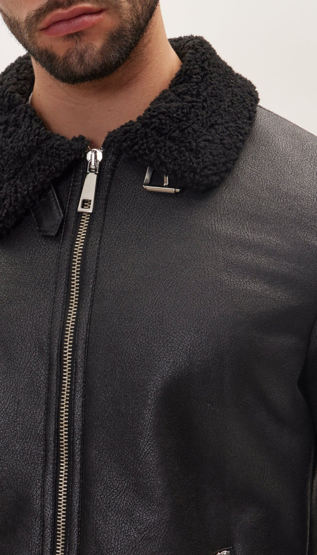 Vegan Shearling Aviator Jacket - Black - Ron Tomson