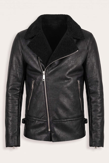 Vegan Shearling Biker Jacket - Black - Front