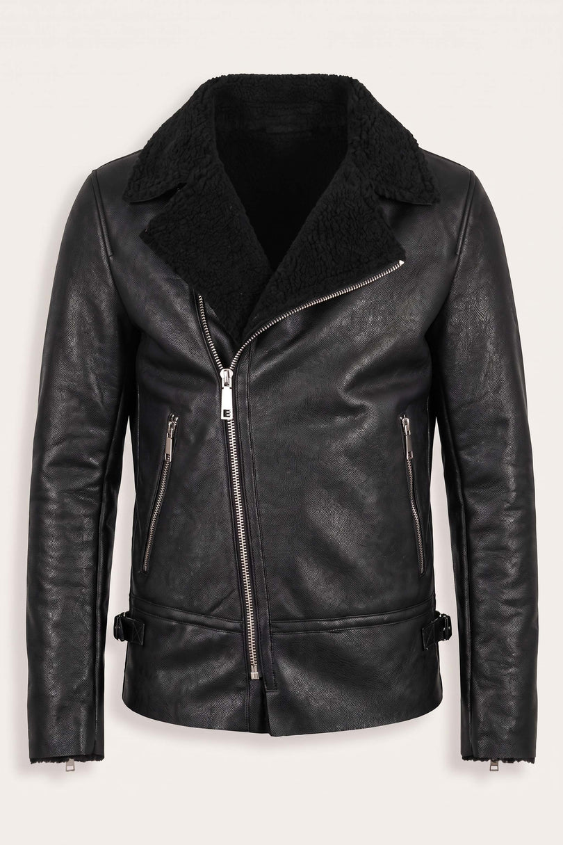 Vegan Shearling Biker Jacket - Black - Front