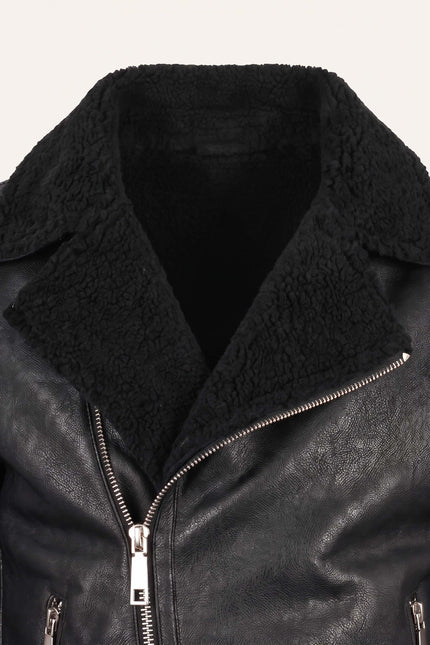 Vegan Shearling Biker Jacket - Black - Detail