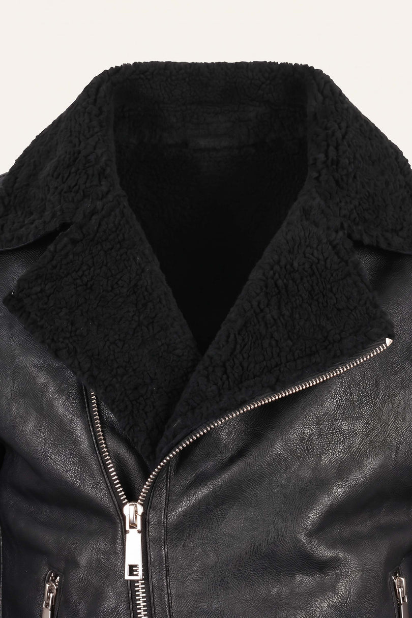 Vegan Shearling Biker Jacket - Black - Detail