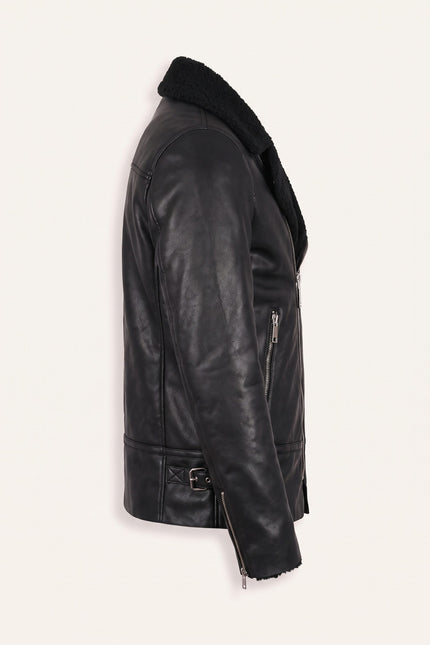 Vegan Shearling Biker Jacket - Black - Side