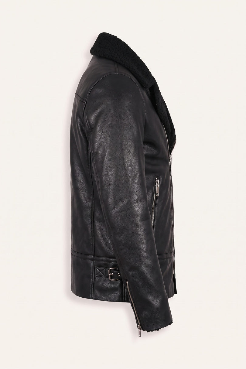 Vegan Shearling Biker Jacket - Black - Side
