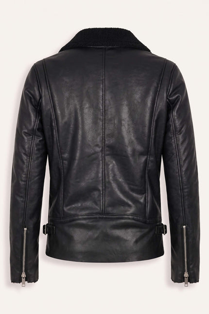 Vegan Shearling Biker Jacket - Black - Back