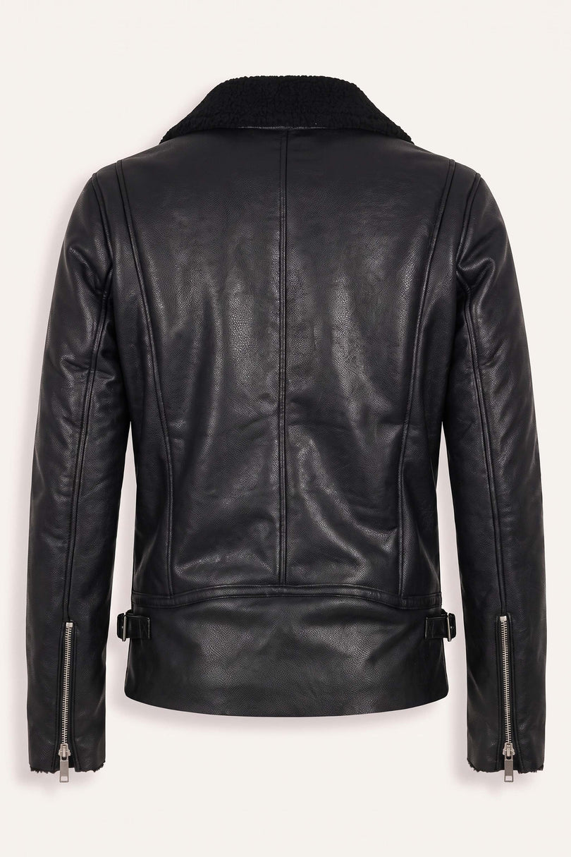Vegan Shearling Biker Jacket - Black - Back