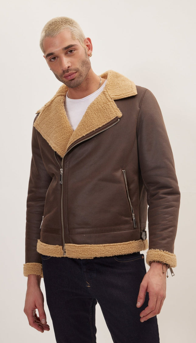 Vegan Shearling Biker Jacket - Brown - Ron Tomson