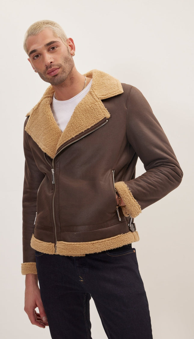 Vegan Shearling Biker Jacket - Brown - Ron Tomson