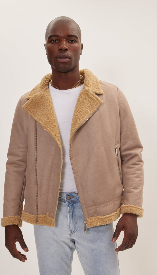 Vegan Shearling Biker Jacket - Stone - Ron Tomson