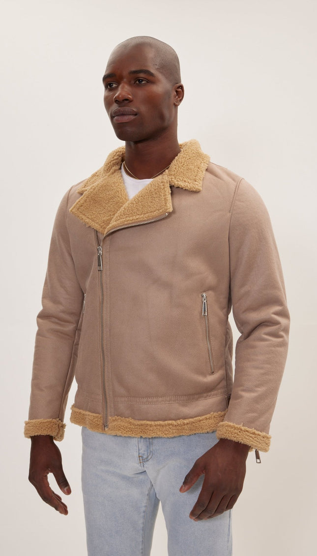 Vegan Shearling Biker Jacket - Stone - Ron Tomson