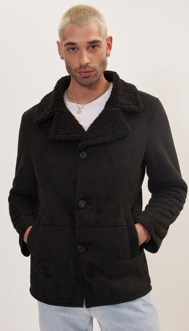 Vegan Shearling Button Closure Jacket - Black - Ron Tomson
