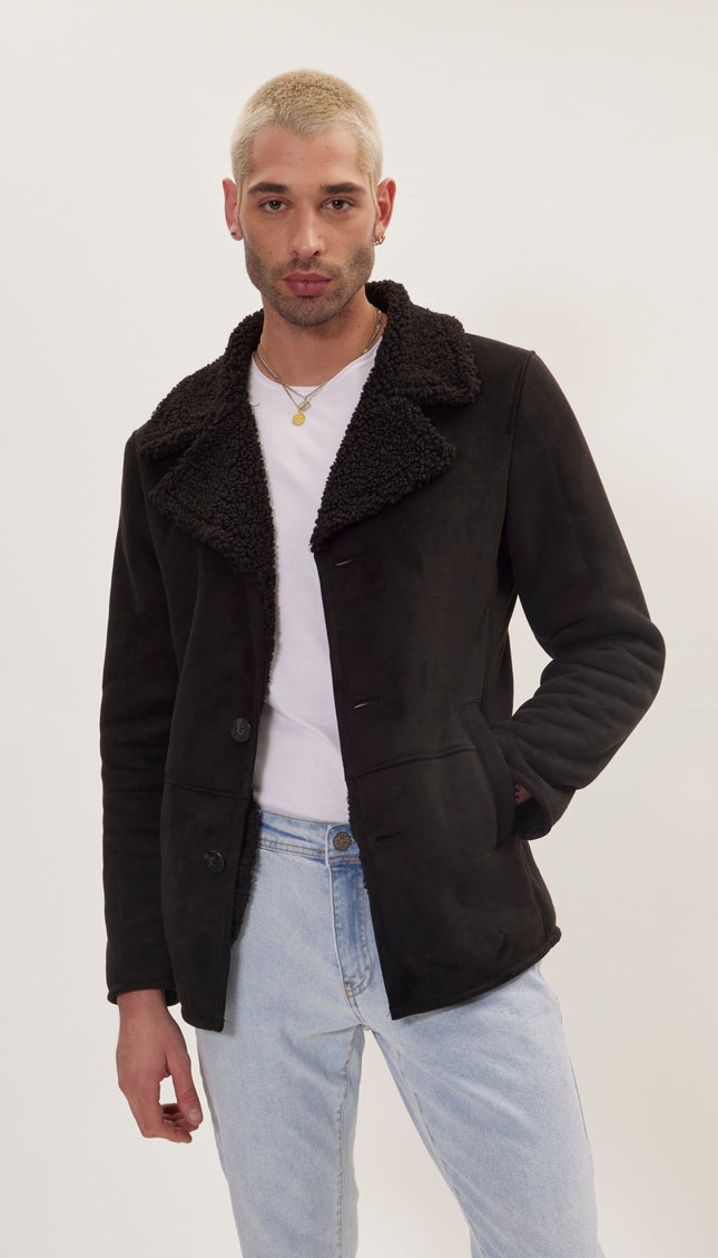 Vegan Shearling Button Closure Jacket - Black - Ron Tomson