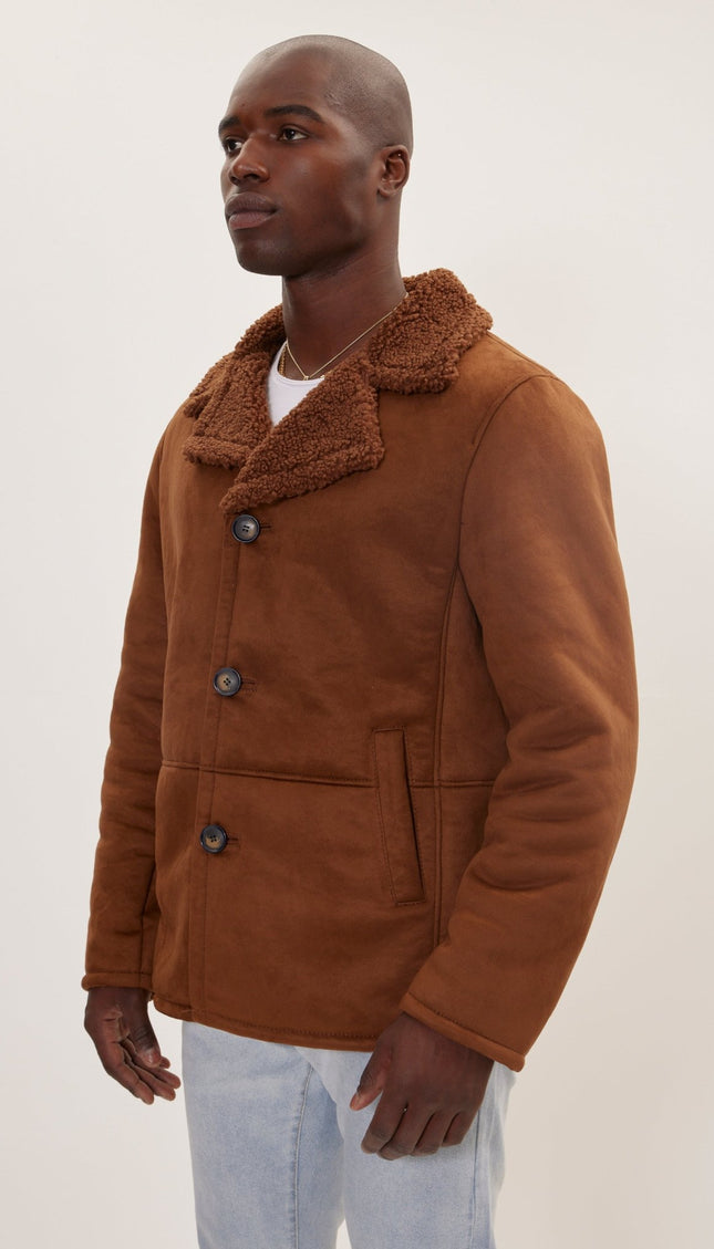 Vegan Shearling Button Closure Jacket - Brown - Ron Tomson
