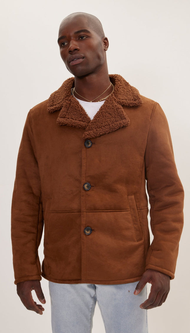 Vegan Shearling Button Closure Jacket - Brown - Ron Tomson