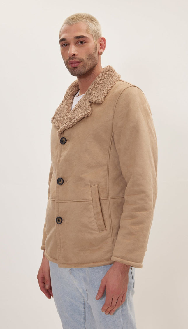 Vegan Shearling Button Closure Jacket - Stone - Ron Tomson