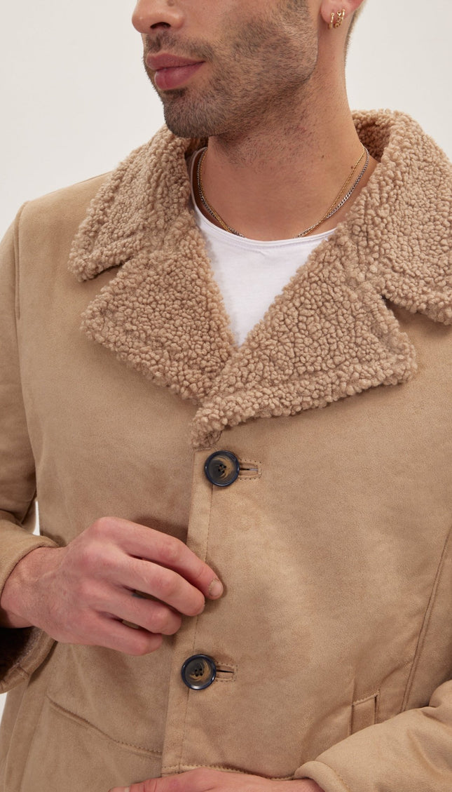 Vegan Shearling Button Closure Jacket - Stone - Ron Tomson