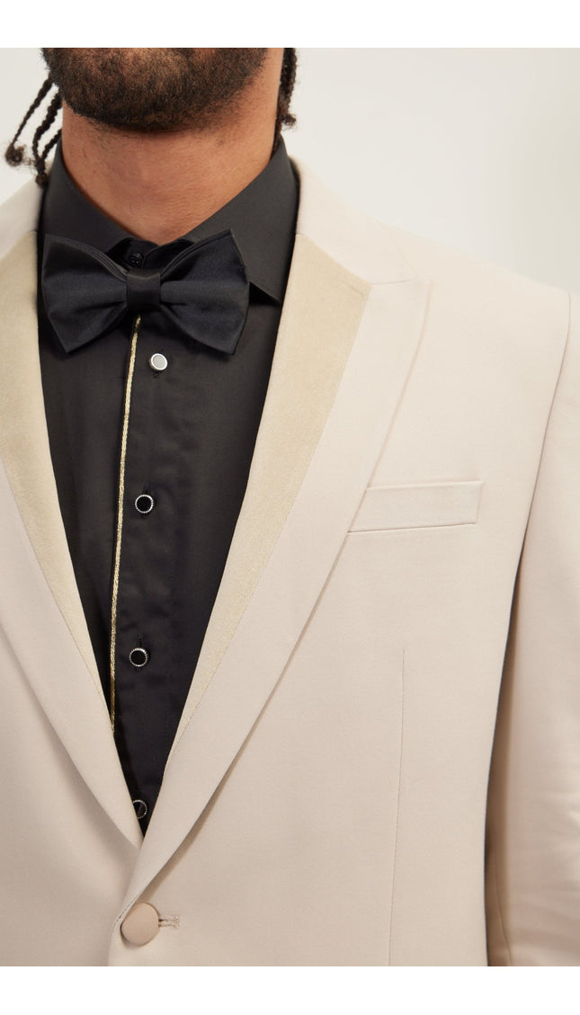 Velvet Detail Peak Lapel Tuxedo Jacket- Beige - Ron Tomson