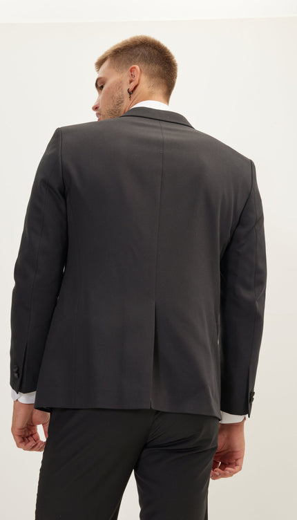 Velvet Detail Peak Lapel Tuxedo Jacket- Black - Ron Tomson