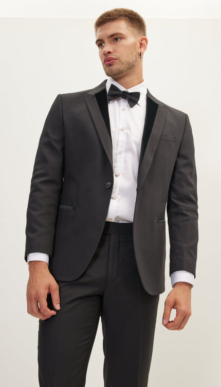 Velvet Detail Peak Lapel Tuxedo Jacket- Black - Ron Tomson