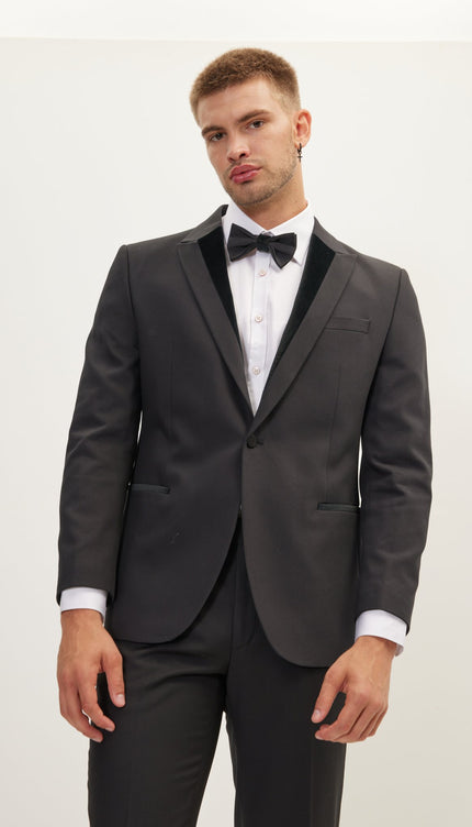 Velvet Detail Peak Lapel Tuxedo Jacket- Black - Ron Tomson