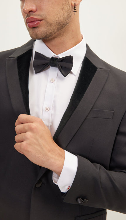 Velvet Detail Peak Lapel Tuxedo Jacket- Black - Ron Tomson