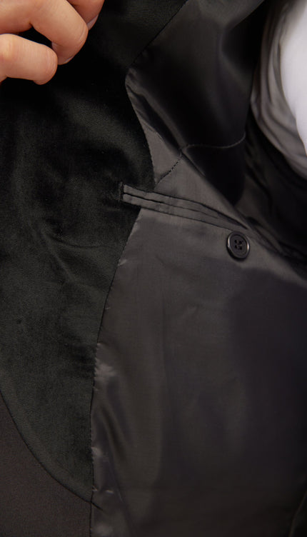 Velvet Detail Peak Lapel Tuxedo Jacket- Black - Ron Tomson