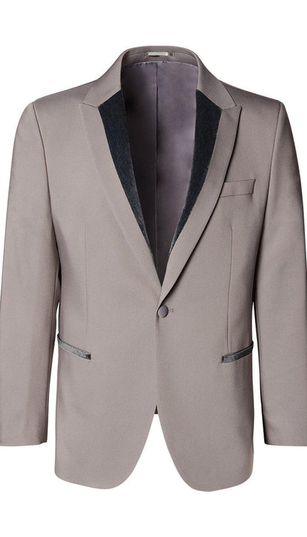 Velvet Detail Peak Lapel Tuxedo Jacket- Grey - Ron Tomson