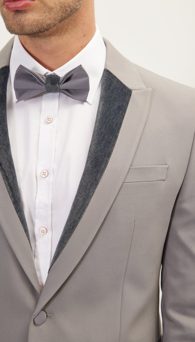 Velvet Detail Peak Lapel Tuxedo Jacket- Grey - Ron Tomson