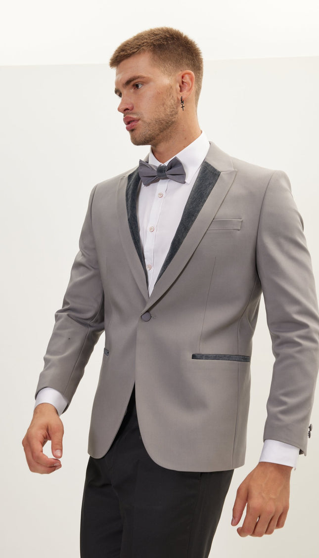 Velvet Detail Peak Lapel Tuxedo Jacket- Grey - Ron Tomson