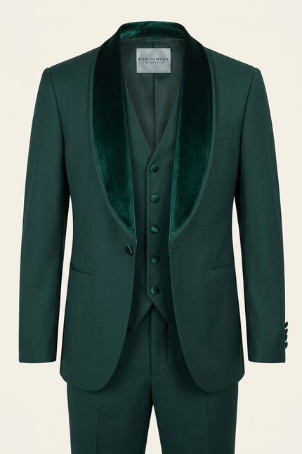 Velvet Shawl Lapel Tuxedo Set - Green - Front