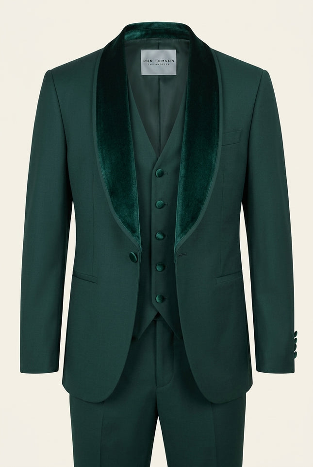 Velvet Shawl Lapel Tuxedo Set - Green - Front