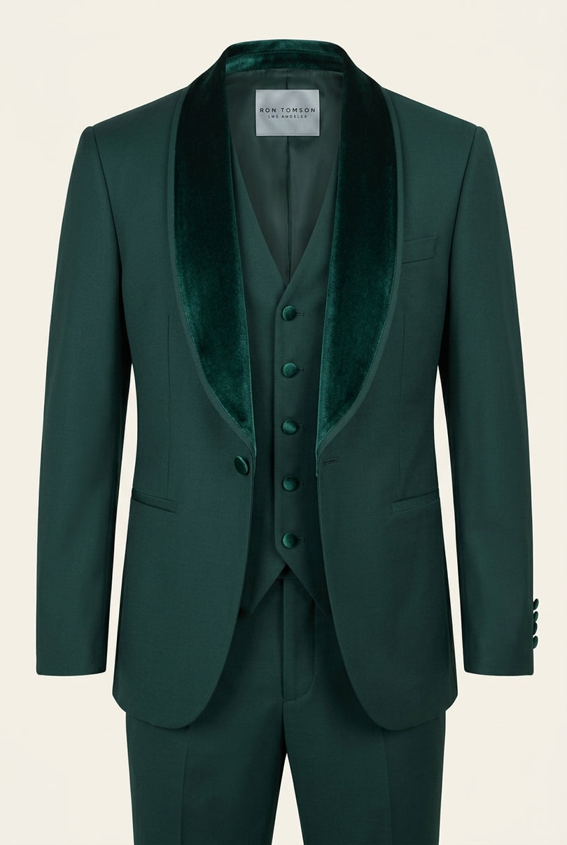 Velvet Shawl Lapel Tuxedo Set - Green - Front
