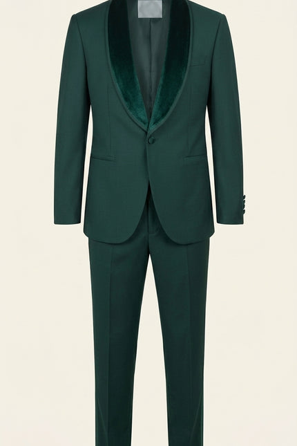 Velvet Shawl Lapel Tuxedo Set - Green - Full Suit