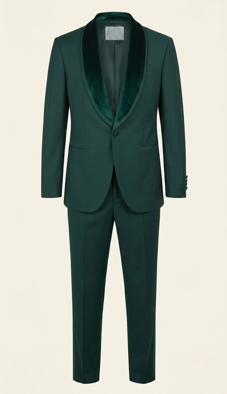 Velvet Shawl Lapel Tuxedo Set - Green - Full Suit