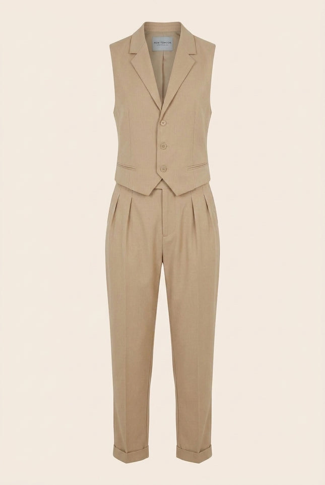 Fitted Vest and Pants Set - Beige - Front