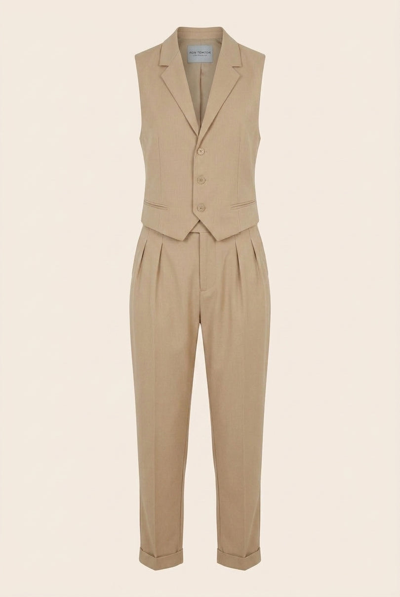 Fitted Vest and Pants Set - Beige - Front