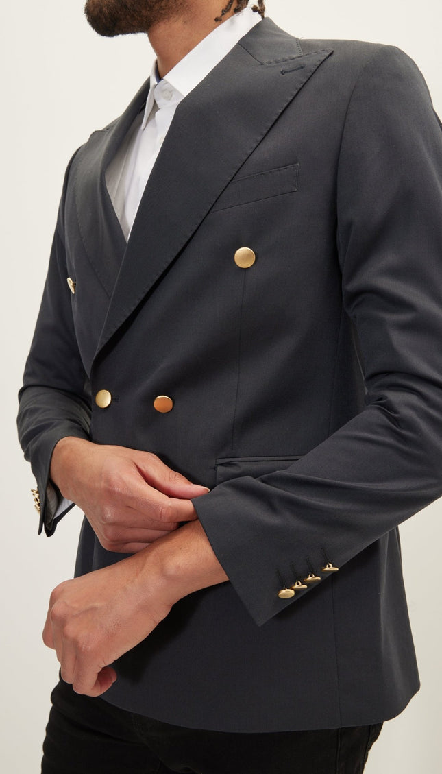 Vintage Gold Button Super 110S Wool Double Breasted Blazer - Black - Ron Tomson