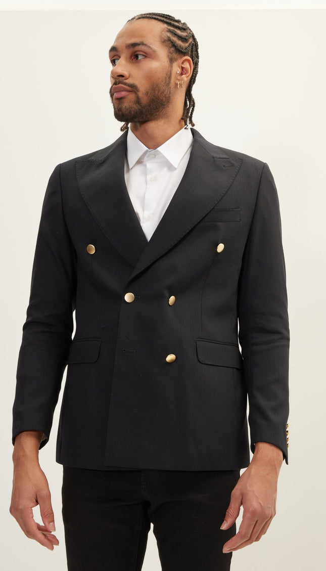 Vintage Gold Button Super 110S Wool Double Breasted Blazer - Black - Ron Tomson