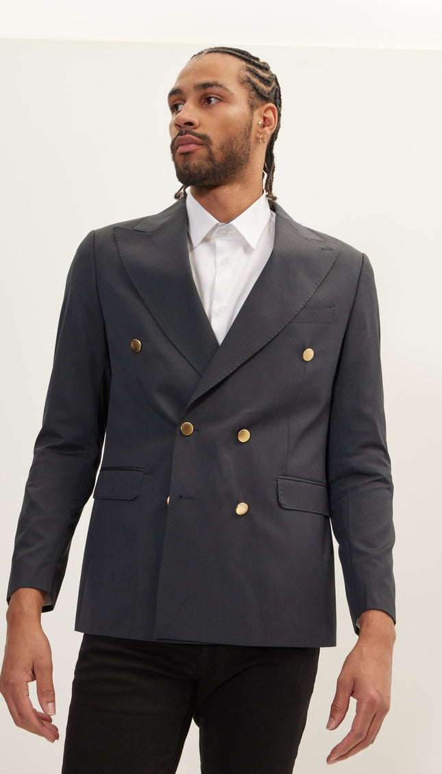 Vintage Gold Button Super 110S Wool Double Breasted Blazer - Dark Grey - Ron Tomson