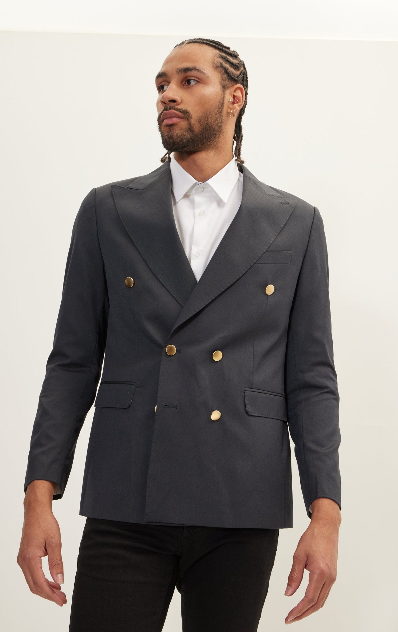 Vintage Gold Button Super 110S Wool Double Breasted Blazer Dark Grey