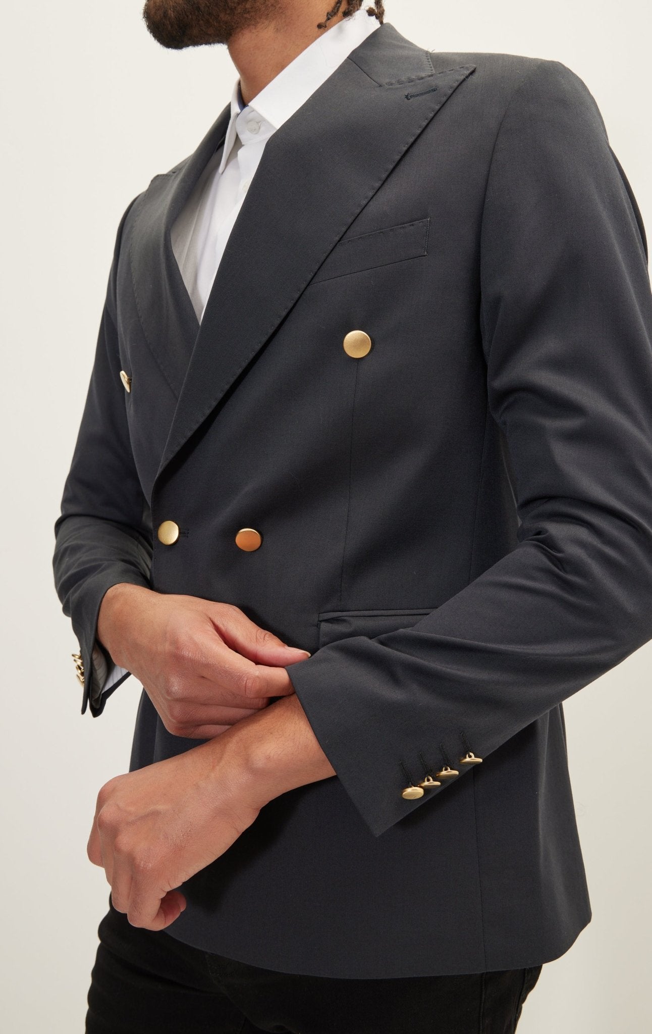 Vintage Gold Button Super 110S Wool Double Breasted Blazer Dark Grey