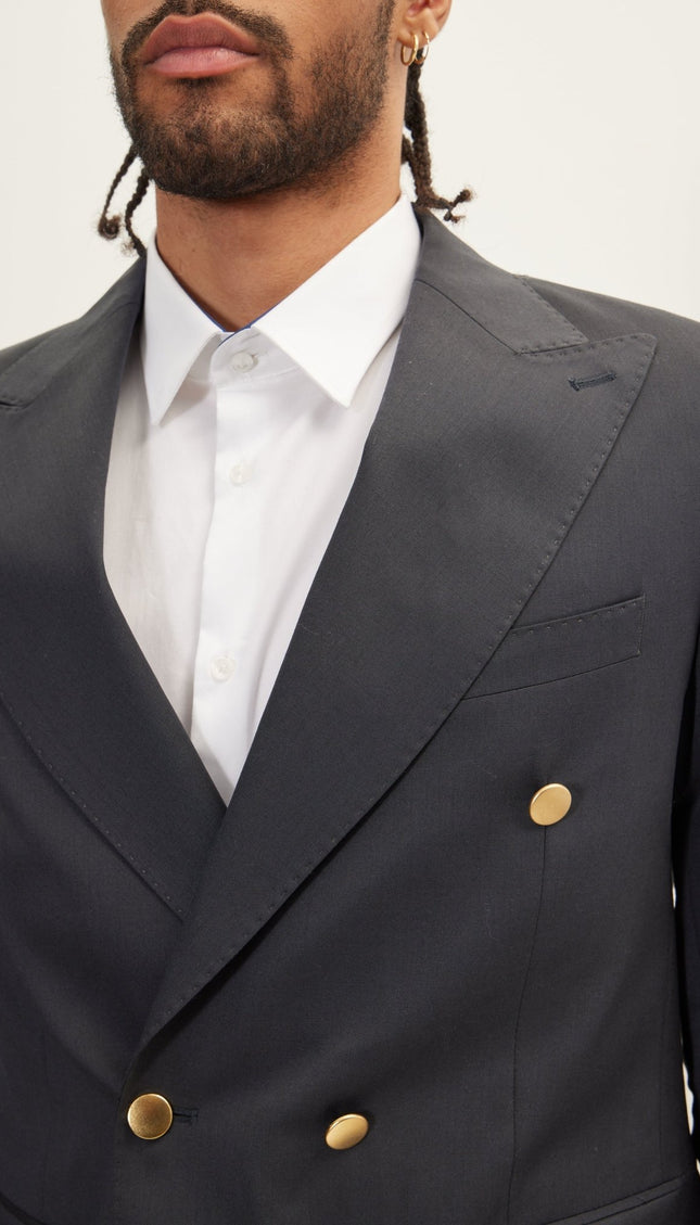 Vintage Gold Button Super 110S Wool Double Breasted Blazer - Dark Grey - Ron Tomson