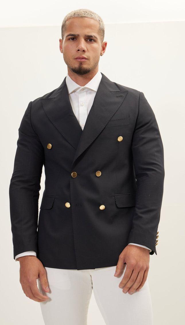 Vintage Gold Button Super 110S Wool Double Breasted Blazer - Navy - Ron Tomson