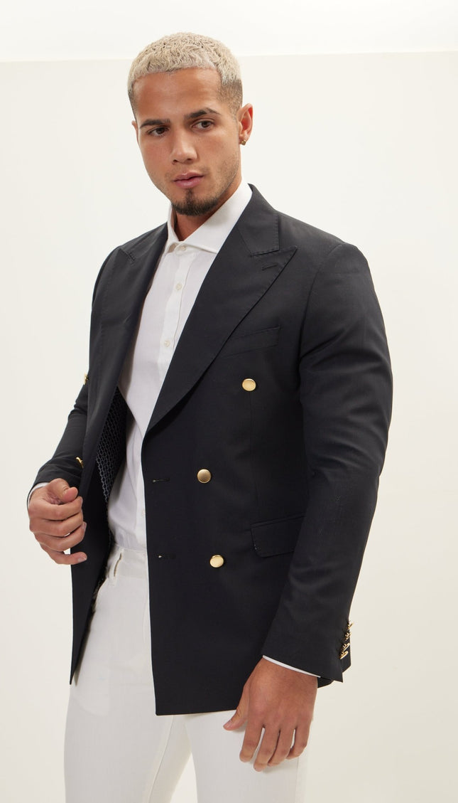 Vintage Gold Button Super 110S Wool Double Breasted Blazer - Navy - Ron Tomson