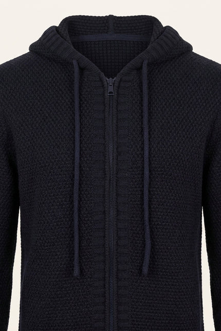 Waffle Hooded Cardigan - Navy - Detail