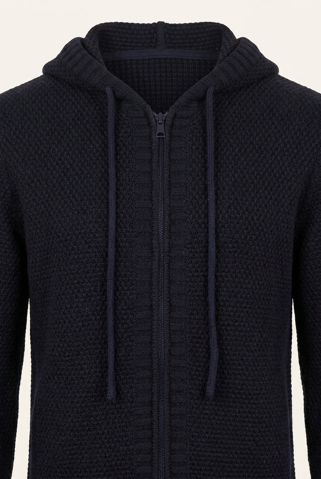 Waffle Hooded Cardigan - Navy - Detail