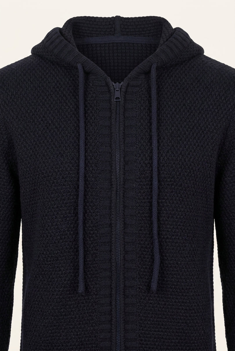Waffle Hooded Cardigan - Navy - Detail